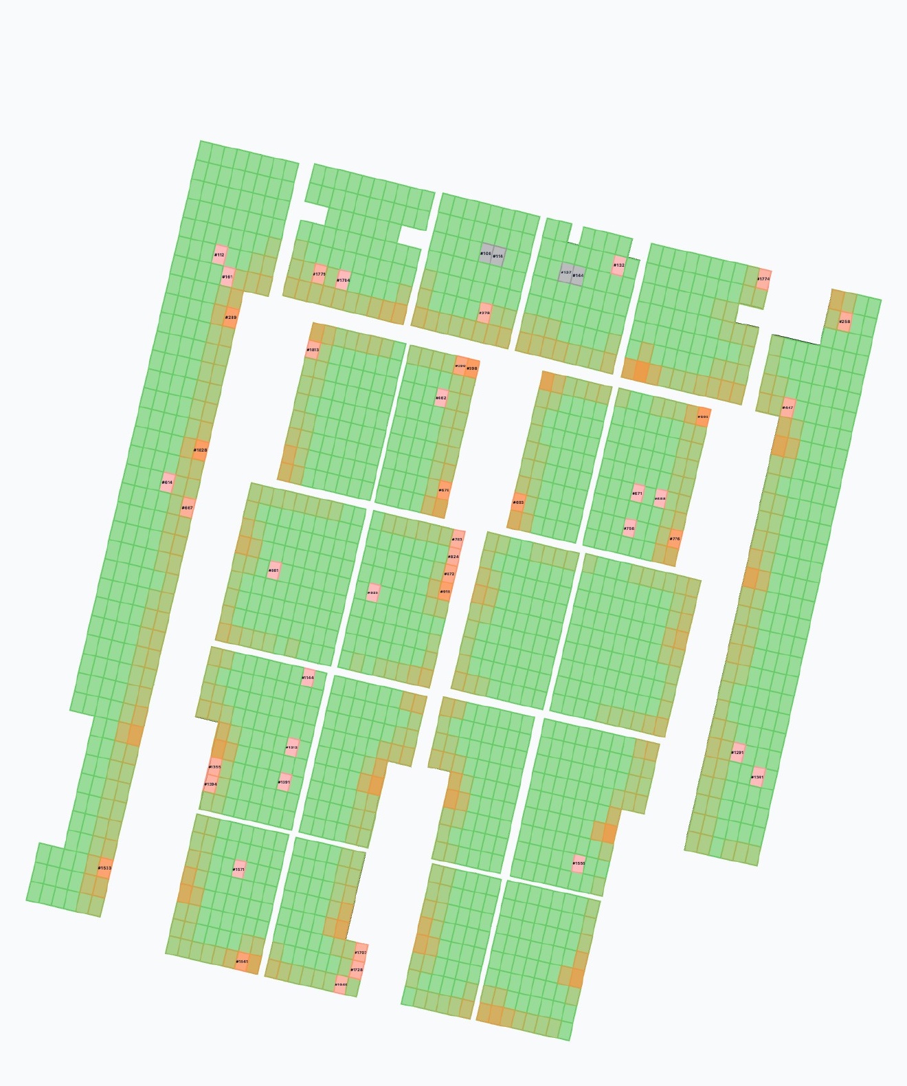 Anonymizovaná mapa nálezů z termografické kontroly průmyslové fotovoltaiky